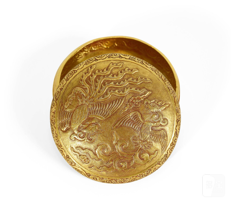 Lot936 明 金双凤纹粉盒
